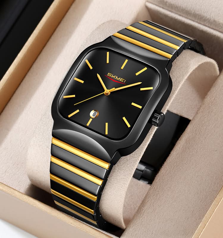 A close-up of the SKMEI 9361 men's watch, featuring a black square face with gold hands and a two-tone black and gold strap.