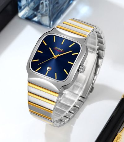 A SKMEI 9361 luxury watch for men, featuring a square blue dial, gold hands, and a two-tone silver and gold stainless steel band.