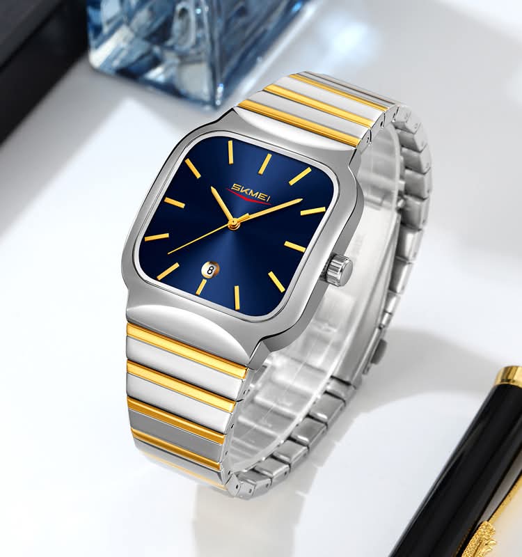 A SKMEI 9361 luxury watch for men, featuring a square blue dial, gold hands, and a two-tone silver and gold stainless steel band.