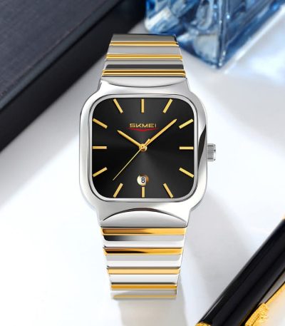 Front view of the SKMEI 9361 luxury watch for men, showing its square black dial, gold details, and two-tone silver and gold band.