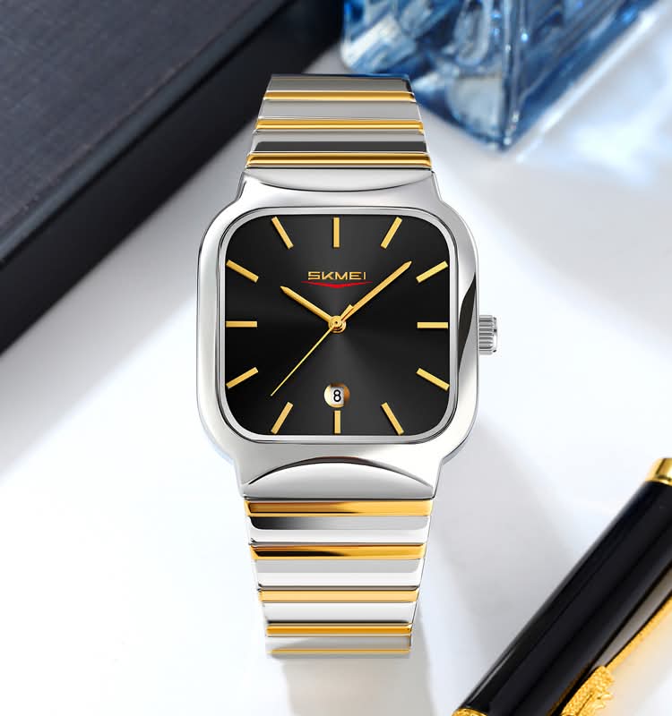 Front view of the SKMEI 9361 luxury watch for men, showing its square black dial, gold details, and two-tone silver and gold band.
