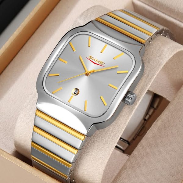 A close-up of the SKMEI 9361 stainless steel watch for men, featuring a silver and gold two-tone band and a silver dial.