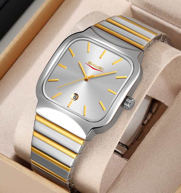 A close-up of the SKMEI 9361 stainless steel watch for men, featuring a silver and gold two-tone band and a silver dial.