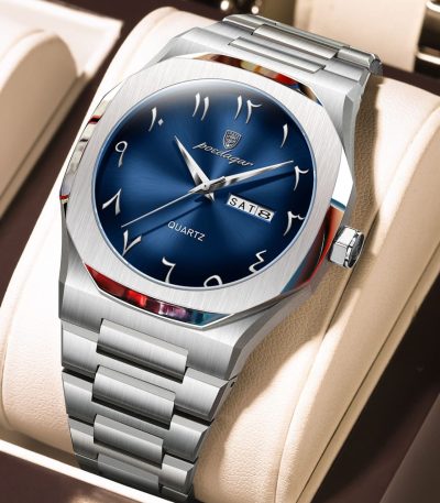A Poedagar Men's Arabic Dial Quartz Watch 830 with a silver-colored steel bracelet and a deep blue face displayed in a watch box.