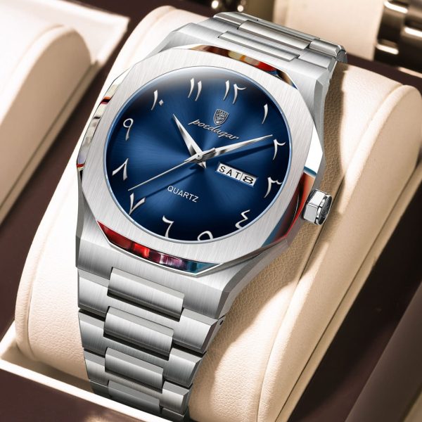 A Poedagar Men's Arabic Dial Quartz Watch 830 with a silver-colored steel bracelet and a deep blue face displayed in a watch box.