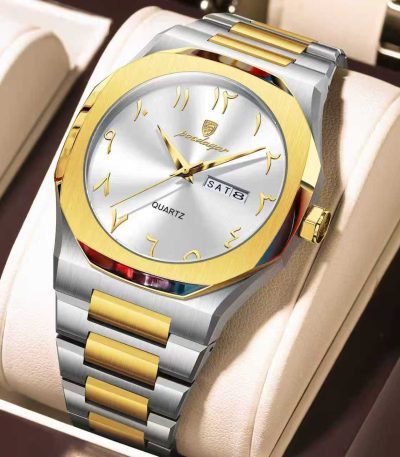A close-up of the Poedagar 830 Men's Arabic Dial Quartz Watch, showing its two-tone gold and silver band and white face.