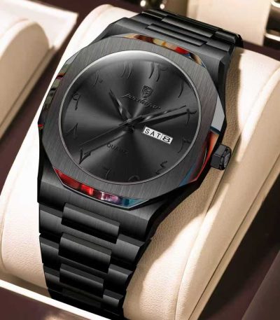 A close-up view of the Poedagar 830 men's watch, featuring a black dial with Arabic numerals and a matching metal bracelet.