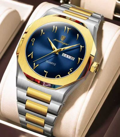 A Poedagar 830 men's watch featuring a blue dial with gold-tone Arabic numerals and a two-tone silver and gold metal band.