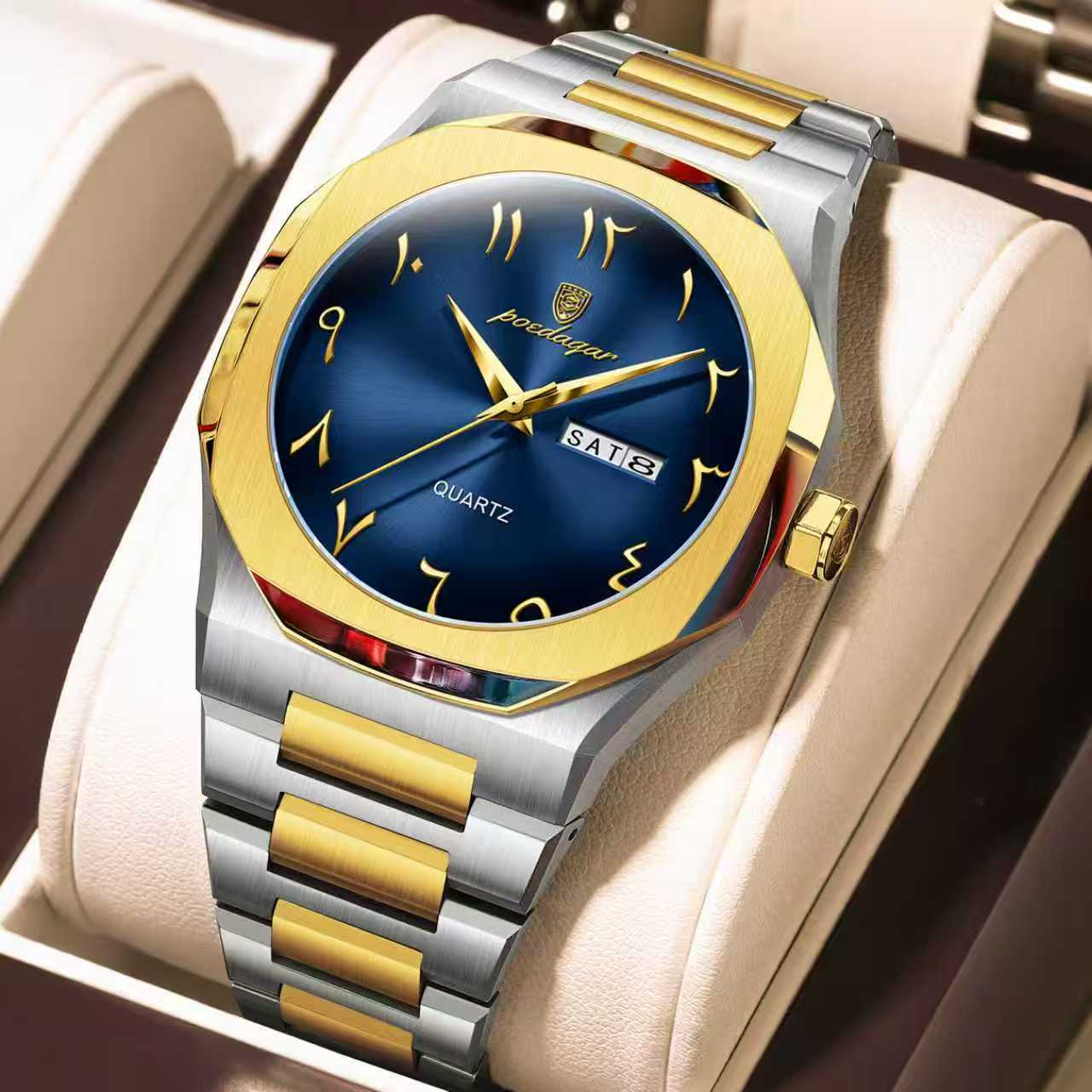 Poedagar 830 Arabic Dial Quartz Men's Watch A Poedagar 830 men's watch featuring a blue dial with gold-tone Arabic numerals and a two-tone silver and gold metal band.