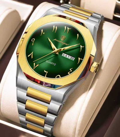 A Poedagar 830 men's watch with a two-tone gold and silver steel band and a striking green dial with Arabic numerals.