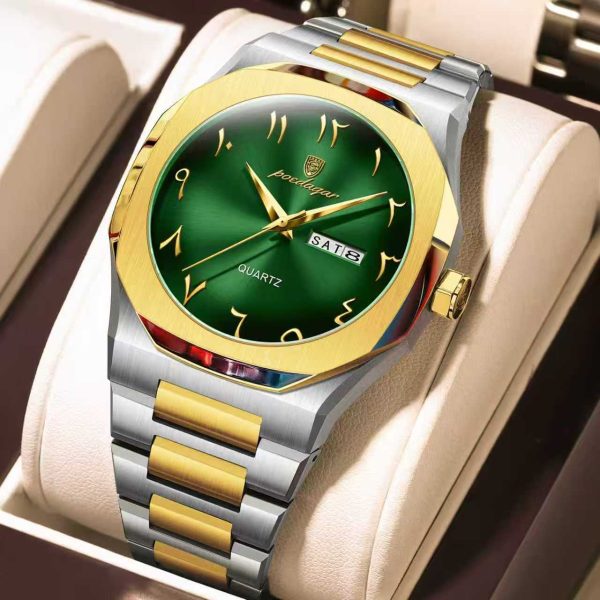 A Poedagar 830 men's watch with a two-tone gold and silver steel band and a striking green dial with Arabic numerals.