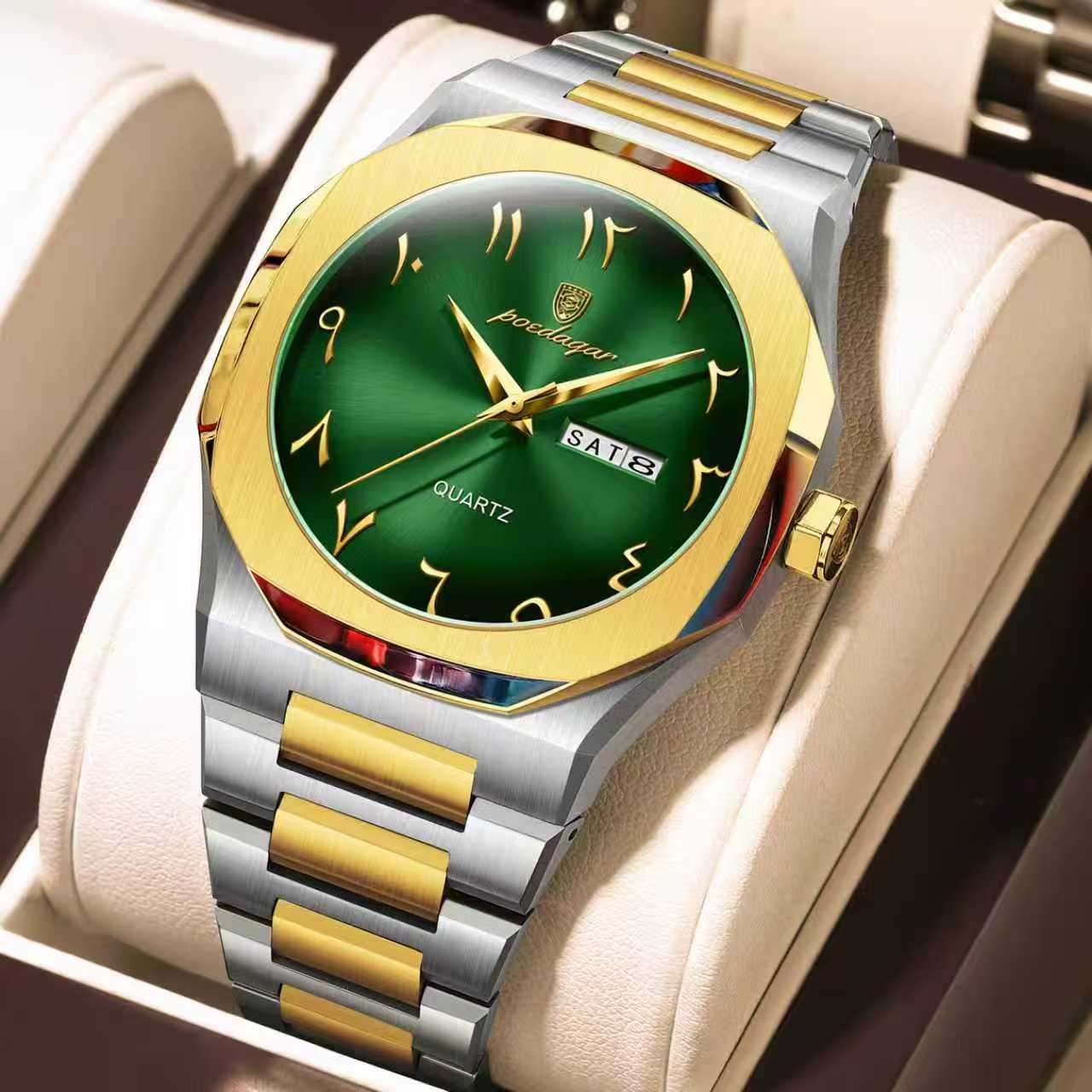 Poedagar 830 Arabic Dial Men's Watch A Poedagar 830 men's watch with a two-tone gold and silver steel band and a striking green dial with Arabic numerals.