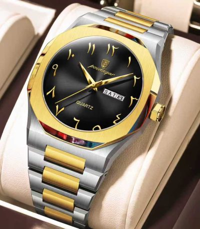 A close-up of the Poedagar 830 men's watch, featuring a two-tone gold and silver band and a black dial with Arabic numerals.