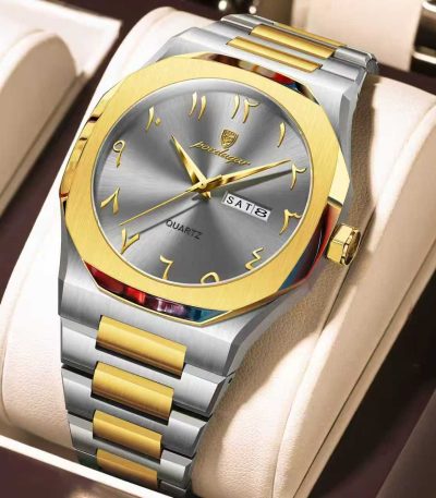 A Poedagar 830 men's quartz watch with a two-tone silver and gold bracelet, a gold bezel, and a grey dial with Arabic numerals.