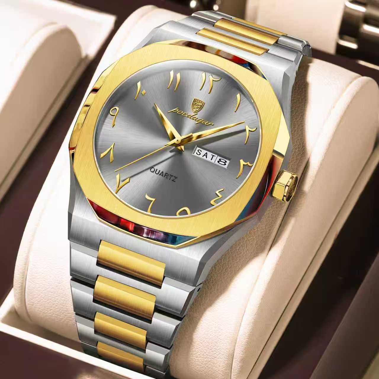 Poedagar 830 Arabic Dial Quartz Men’s Watch A Poedagar 830 men's quartz watch with a two-tone silver and gold bracelet, a gold bezel, and a grey dial with Arabic numerals.