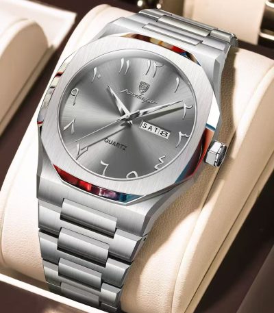 A silver Poedagar men's watch with a grey sunburst dial featuring Arabic numerals, displayed in its box.