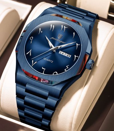 Front view of the Poedagar 830 men's watch, featuring a metallic blue case and bracelet with a matching blue Arabic dial.