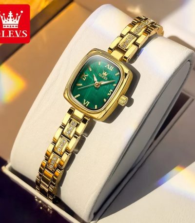 Front view of the OLEVS 3695 Quartz Women's Watch featuring a gold case, green dial, and a gold bracelet with crystal accents.