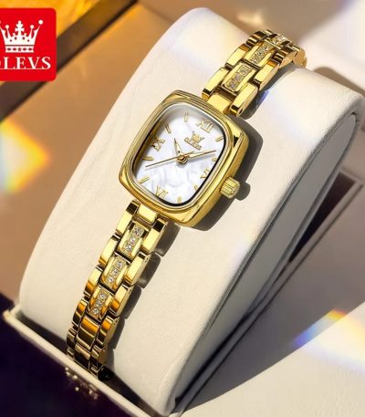 The OLEVS 3695 Women's Quartz Watch in gold and white, featuring a stone-accented link bracelet and a square face.