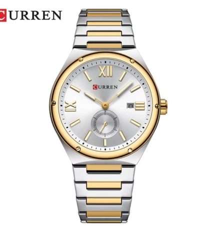 Front view of the CURREN 8471 men's watch, featuring a two-tone stainless steel band and a white dial with gold accents.