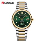 Front view of the CURREN 8471 Men's watch, featuring a two-tone stainless steel band and a striking green dial with gold accents.
