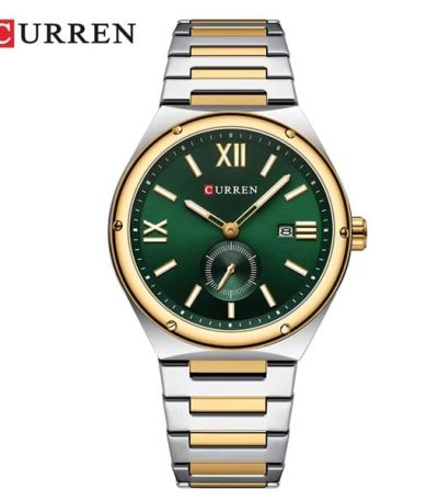 Front view of the CURREN 8471 Men's watch, featuring a two-tone stainless steel band and a striking green dial with gold accents.