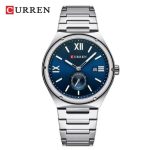 Front view of the CURREN 8471 Men's Stainless Steel Quartz Watch with a striking blue dial and a linked metal bracelet.