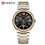 A front view of the CURREN 8471 men's quartz watch, highlighting its two-tone silver and gold steel band and black dial.