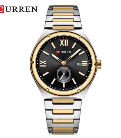 A front view of the CURREN 8471 men's quartz watch, highlighting its two-tone silver and gold steel band and black dial.