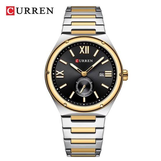 A front view of the CURREN 8471 men's quartz watch, highlighting its two-tone silver and gold steel band and black dial.