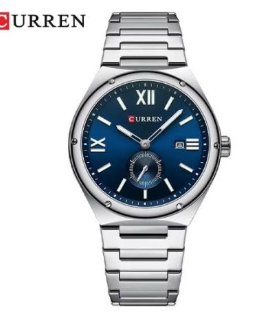 Front view of the CURREN 8471 Men's Stainless Steel Quartz Watch with a striking blue dial and a linked metal bracelet.