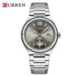Front view of the CURREN 8471 men's stainless steel watch, featuring a grey dial, date window, and a link bracelet.