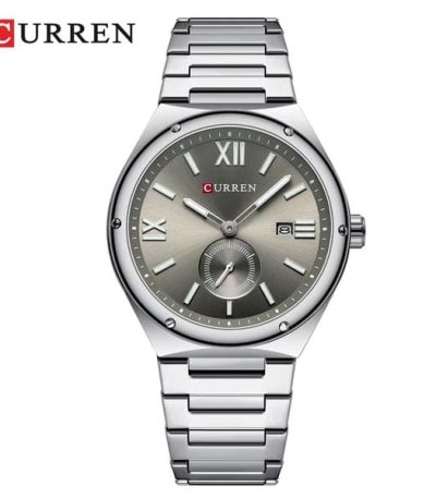 Front view of the CURREN 8471 men's stainless steel watch, featuring a grey dial, date window, and a link bracelet.