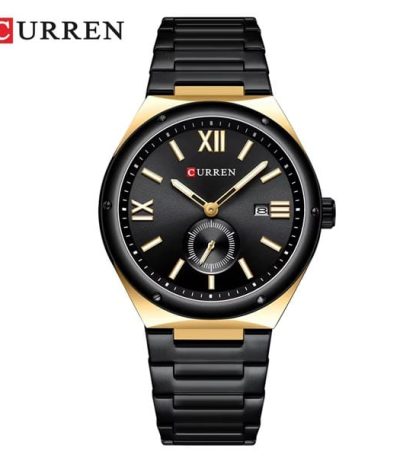 A CURREN 8471 men's watch with a black and gold case, a black dial with luminous hands, and a black stainless steel bracelet.