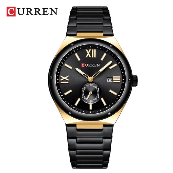 A CURREN 8471 men's watch with a black and gold case, a black dial with luminous hands, and a black stainless steel bracelet.