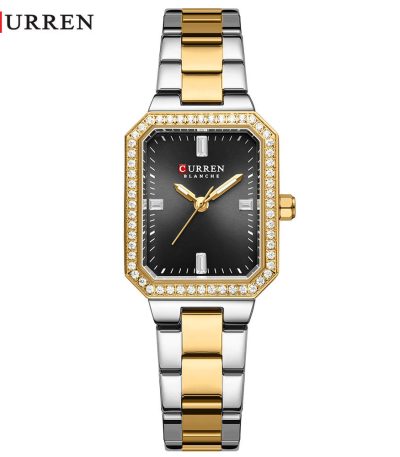 CURREN 9102 Stainless Steel Women's Watch with a two-tone gold and silver band and a black rectangular dial.