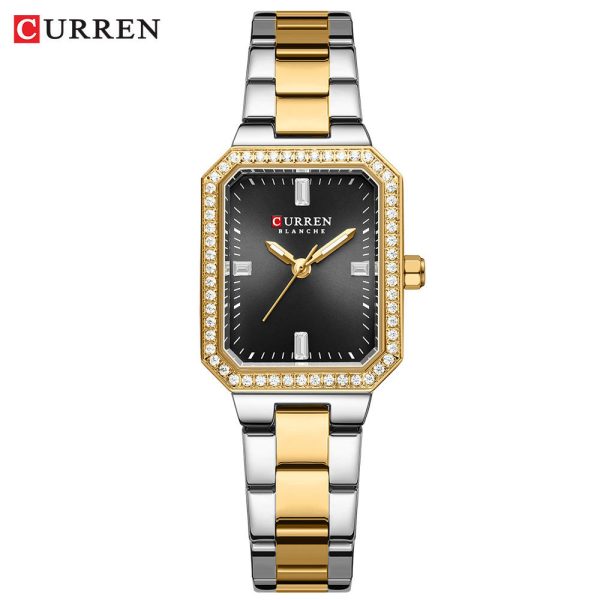 CURREN 9102 Stainless Steel Women's Watch with a two-tone gold and silver band and a black rectangular dial.