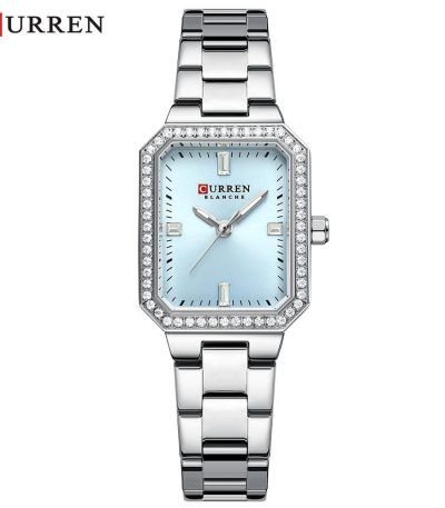 A CURREN 9102 silver stainless steel women's watch with a light blue rectangular face surrounded by small crystals.