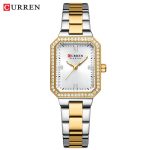A CURREN 9102 women's watch with a two-tone stainless steel band of silver and gold links, and a crystal-accented bezel.