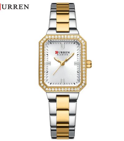A CURREN 9102 women's watch with a two-tone stainless steel band of silver and gold links, and a crystal-accented bezel.