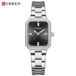 A CURREN 9102 women's stainless steel watch in silver, featuring a black rectangular face framed with sparkling stones.