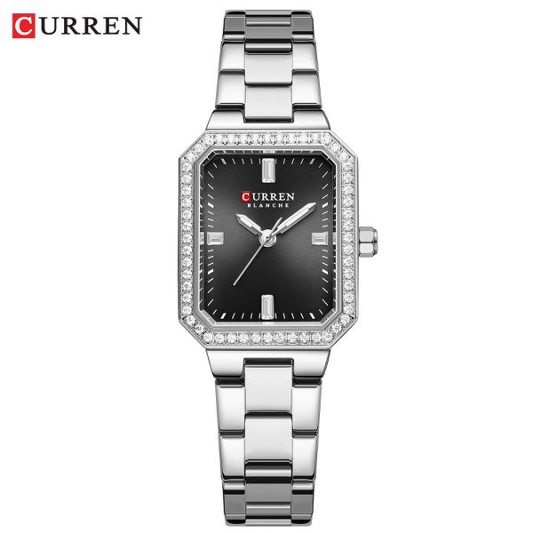 A CURREN 9102 women's stainless steel watch in silver, featuring a black rectangular face framed with sparkling stones.