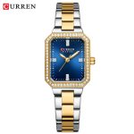 CURREN 9102 Women's Stainless Steel Watch with a rectangular blue dial and a two-tone gold and silver band.