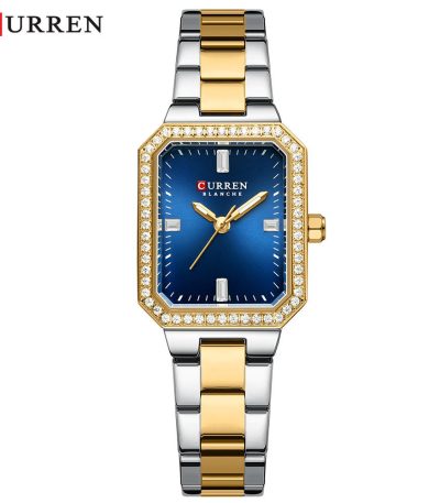 CURREN 9102 Women's Stainless Steel Watch with a rectangular blue dial and a two-tone gold and silver band.