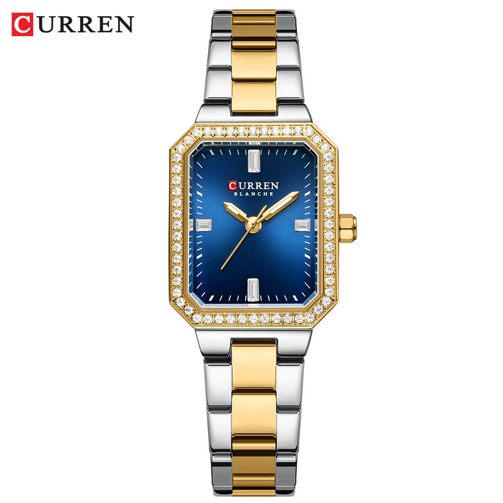 CURREN 9102 Women's Stainless Steel Watch with a rectangular blue dial and a two-tone gold and silver band.