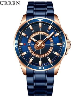 Front view of the Curren 8359 men's watch, featuring a blue stainless steel band and a blue dial with rose gold accents.