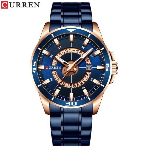 Front view of the Curren 8359 men's watch, featuring a blue stainless steel band and a blue dial with rose gold accents.