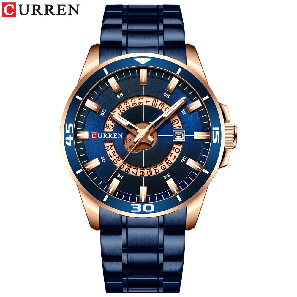 Front view of the Curren 8359 men's watch, featuring a blue stainless steel band and a blue dial with rose gold accents.