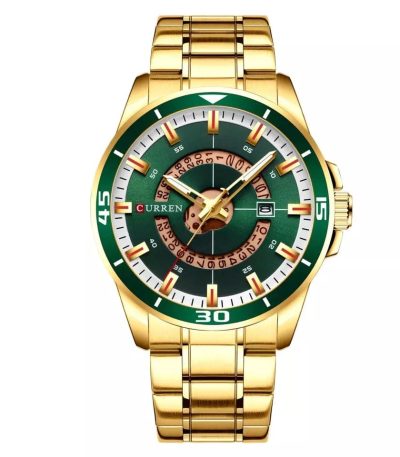Front view of the Curren 8359 Men's Gold Stainless Steel Watch, highlighting its green dial and gold-tone link bracelet.