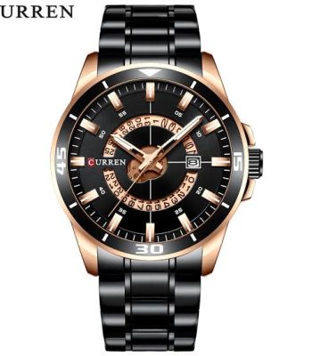Front view of the Curren 8359 stainless steel men's watch, featuring a black and rose gold dial and a black metal bracelet.